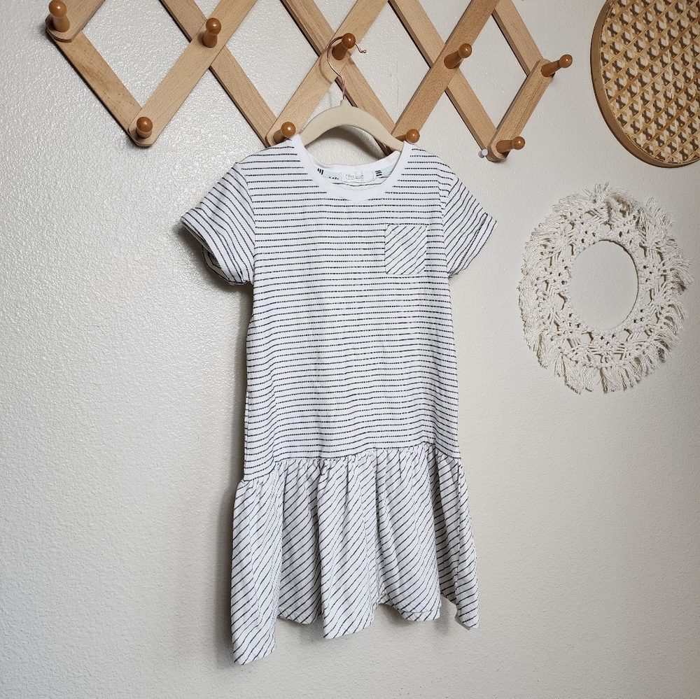 Miles Striped Shirt Dress Girl's 7 White Black Pleated Chest Pocket Flare